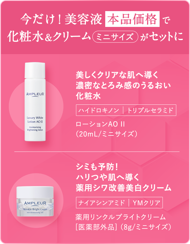 今だけ！美容液本品価格で化粧水＆クリームミニサイズがセットに