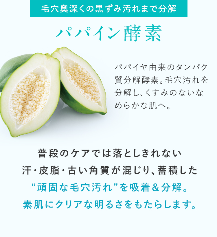  毛穴奥深くの黒ずみ汚れまで分解 パパイヤ酵素