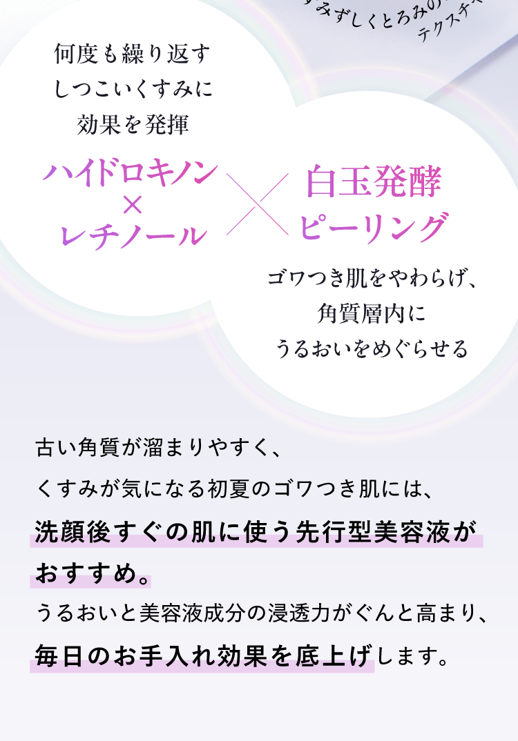 何度も繰り返すしつこいくすみに効果を発揮[ハイドロキノンxレチノール／ゴワつき肌をやわらげ、角質層内にうるおいをめぐらせる[白玉発酵ピーリング]