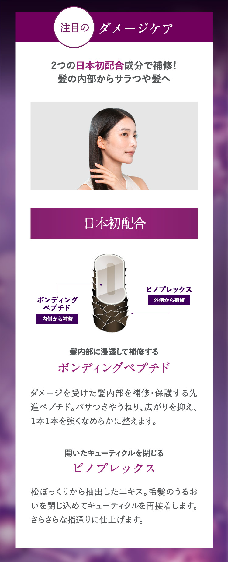 髪の補修成分：日本初配合「ボンディングペプチド、ピノプレックス」