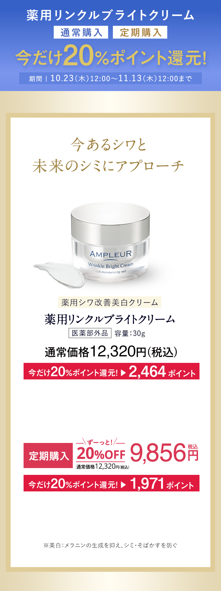  [通常購入][定期購入]今だけ20%ポイント還元！ 今あるシワと未来のシミにアプローチ