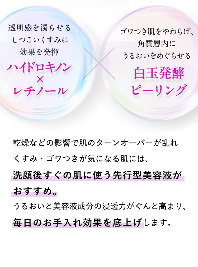 透明感を濁らせるしつこいくすみに効果を発揮「ハイドロキノンxレチノール」×ゴワつき肌をやわらげ、角質層内にうるおいをめぐらせる「白玉発酵ピーリング」