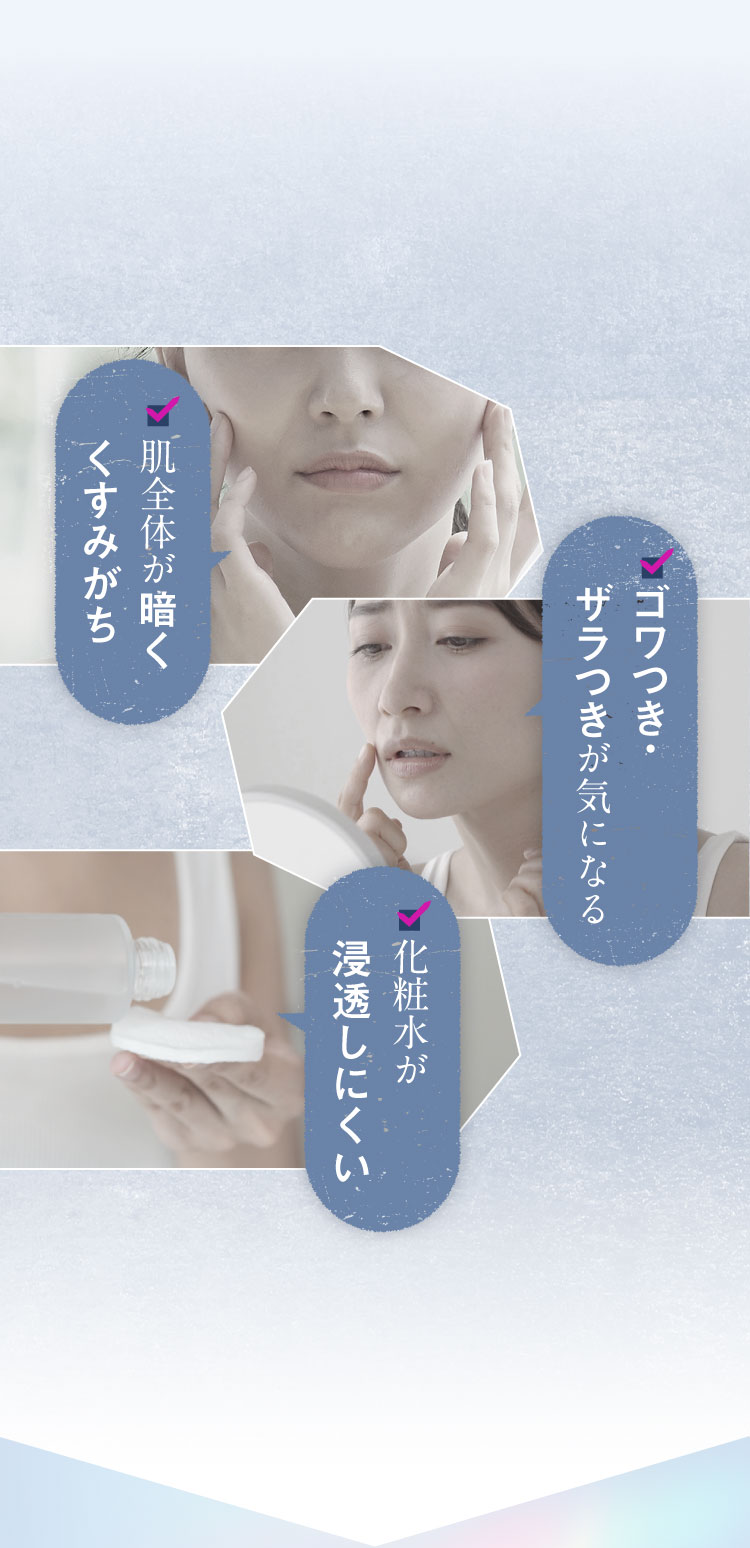 肌全体が暗くくすみがち／ゴワつき・ザラつきが気になる／化粧水が浸透しにくい