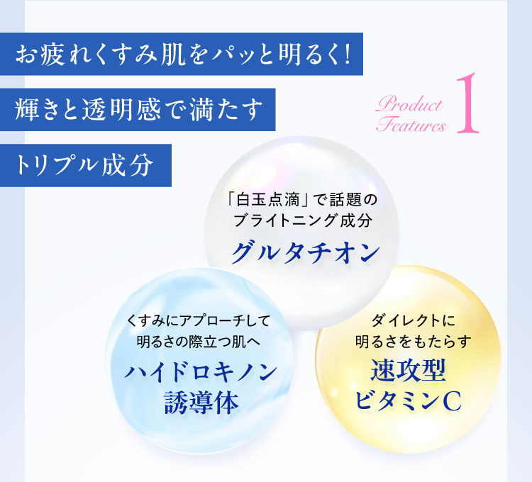 お疲れくすみ肌をパッと明るく！輝きと透明感で満たすトリプル成分