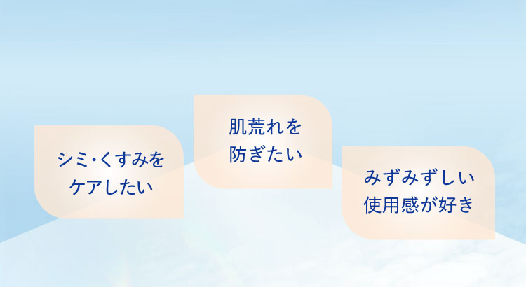 シミ・くすみをケアしたい／肌荒れを防ぎたい／みずみずしい使用感が好き　そんな方に
